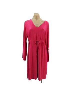 Soma Womans Pink Size L Long Sleeve V Neck  Dress Drawstring Waist Button Tab
